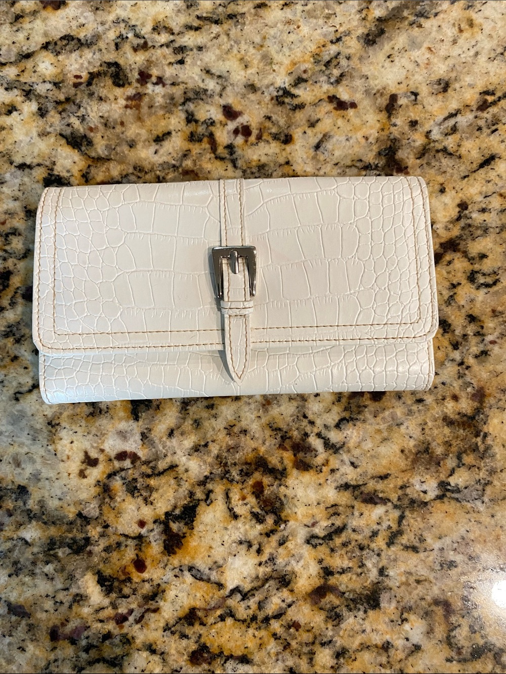 Croc-Embossed White Leather Clutch Wallet with Buckle Strap